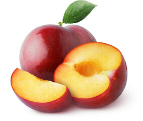 Isolated plums. Whole, half, piece of red cherry plum with leaf isolated on white background