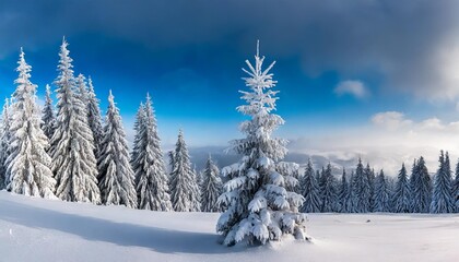 Fototapeta na wymiar panorama of spruce tree forest covered by fresh snow during winter christmas time the winter scene is almost duotone due to contrast between the frosty spruce trees white snow foreground and sky
