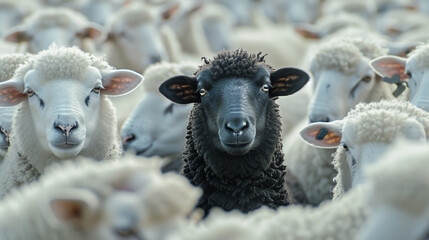 A black sheep in a flock of white sheep - obrazy, fototapety, plakaty