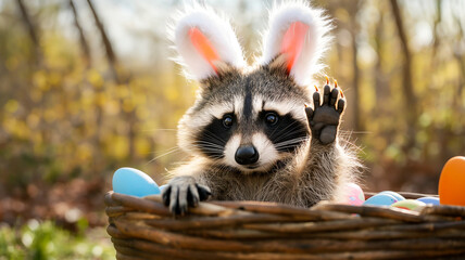 funny raccoon easter bunny with ears and eggs sitting in nest - obrazy, fototapety, plakaty