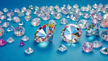 luxurious diamonds scattered on a cool blue background, each facet glistening under soft, natural lighting, creating an opulent and breathtaking ambiance