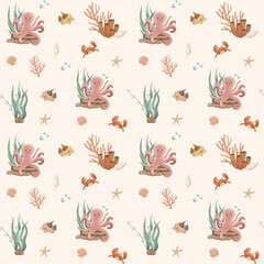 Cute Underwater World Seamless Pattern