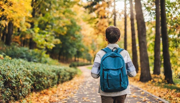 Teenager Boy With Backpack Walking On Path In Autumn Park Active Lifestyle Back To School Student Boy In Fall Forest People From Behind