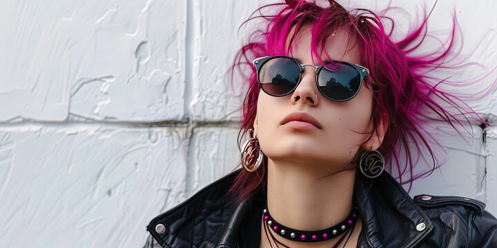 Punk Rock alternative girl with colorful hair isolated on solid white background