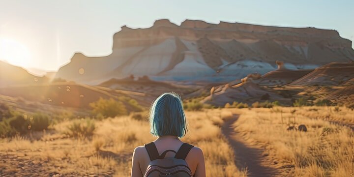 Young Woman With Blue Hair Exploring The Southwest Desert