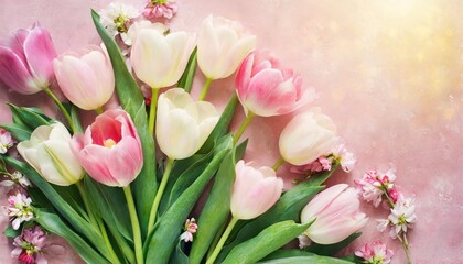 blossoming light pink tulips and spring flowers festive background bright springtime bouquet floral card