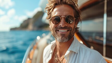 European handsome man enjoys a luxurious outdoor lifestyle while sailing on a white yacht, relaxing...