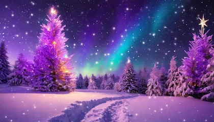 Schilderijen op glas christmas night scene iridescent purple snowy winter scene animated gif © Alexander
