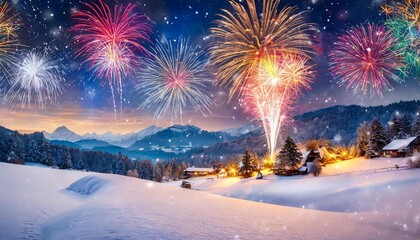 a winter landscape blanketed in snow with fireworks illuminating the pristine scenery creating a magical new year s eve feeling