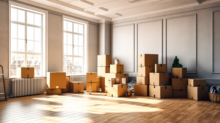 Cardboard boxes and household items indoors, ideal for moving day concepts.
