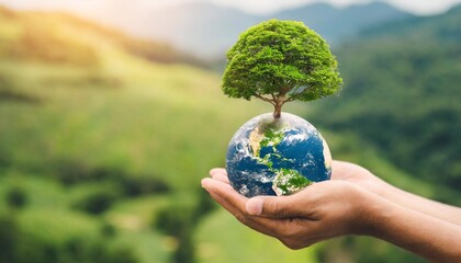 earth day or world environment day environmentally friendly concept save our planet restore and protect green nature sustainable lifestyle and climate literacy theme tree grows on globe in hand