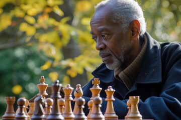 Pensive senior African-American man playing chess in park with autumn leaves in the background.