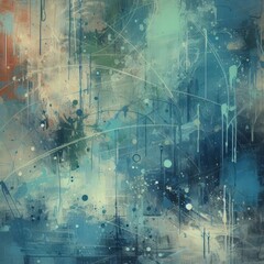 Turquoise and blue hues dominate this vibrant abstract art with expressive paint splatters.
