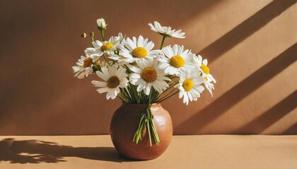 chamomile daisy flowers bouquet on warm tan ginger background with sunlight shadows minimal stylish still life floral composition