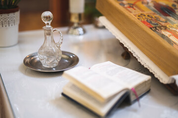 decanter with holy water of a priest in an Orthodox Ukrainian church