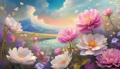 dreamy surreal fantasy flowers landscape pastel colours desaturated digital illustration