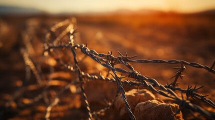 close-up of barb wire fence on sunset in the grass