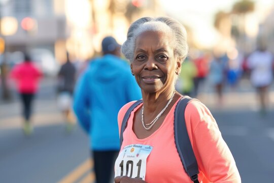 Senior African-American woman with a race bib smiling at a marathon event.