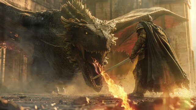 Immerse yourself in a fantasy world full of intrigue, with a dragon guarding its treasure and a hero preparing for a fierce battle. With rich colors and stunning details, this image is perfect, video.