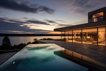 Panorama of a modern home with pool at sunset