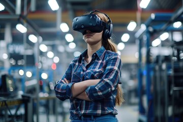 Young female engineer wearing a VR headset