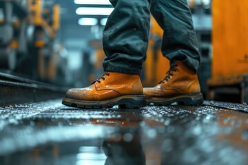 Worker with safety boots in an industrial environment - obrazy, fototapety, plakaty