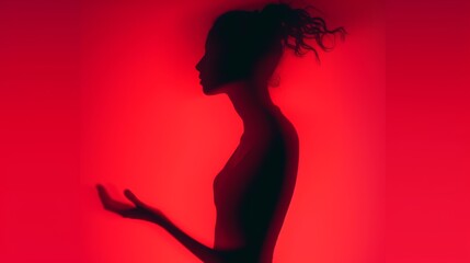 Woman blurred silhouette on a red background. Elegant outline of a woman in motion out of focus

