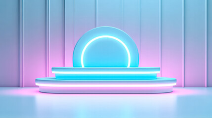 a cylinder podium and circle shape on a holographic neon colored background