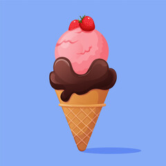 Strawberry ice cream with chocolate in a cone. Vector illustration