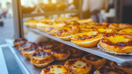 Fototapeta premium Traditional portuguese dessert. Bakery shop window display.
