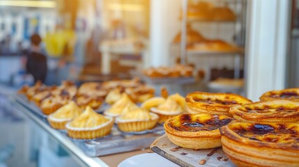 Fototapeta premium Traditional portuguese dessert. Bakery shop window display.
