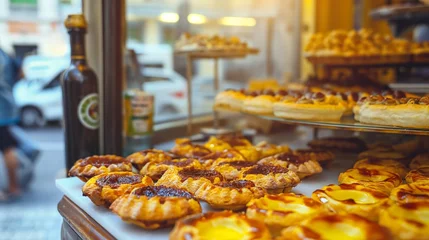 Foto op Plexiglas Traditional portuguese dessert. Bakery shop window display. © mirifadapt