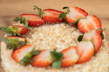 delicious fresh sweet fruit cake decorated with strawberries