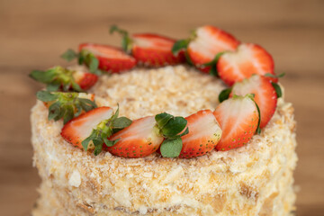 delicious fresh sweet fruit cake decorated with strawberries