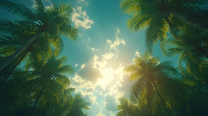 Palm trees against blue sky, Palm trees at tropical coast, vintage toned and stylized, coconut tree,summer tree