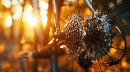 Gleaming Bicycle Gear Mechanism at Sunset