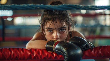 Determined Young Female Boxer Resting on Boxing Ring Ropes