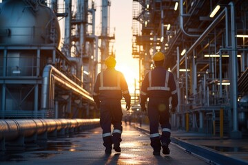 Back view of two engineers walking in a oil refinery - obrazy, fototapety, plakaty