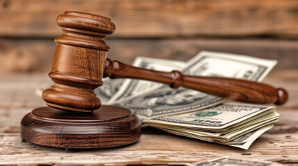 Wooden Judge's Gavel on Stack of Dollar Bills