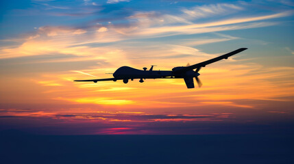 Fototapeta premium Silhouette of a Military Drone Flying at Sunset