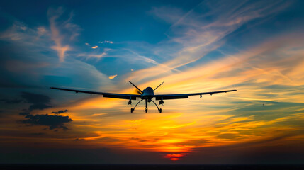 Fototapeta na wymiar Silhouette of a Military Drone Flying at Sunset