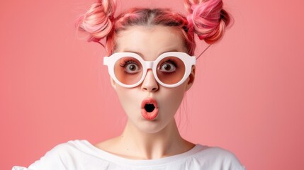 Surprised Young Woman with Pastel Pink Hair and White Glasses