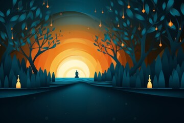 Illustration of a night forest with full moon and  Buddha. Abstract background for Magha Puja Day or Makha Bucha Day
