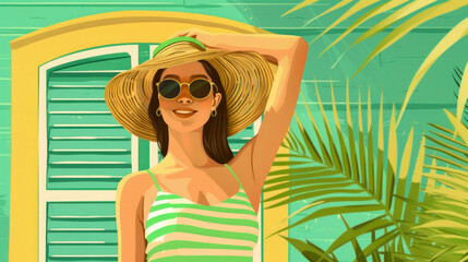 Joyful Woman in Summer Outfit Holding Brim of Sun Hat at Tropical Location