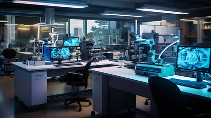 An image of a genetics research lab office with DNA models, microscopes, and computer workstations for data analysis.