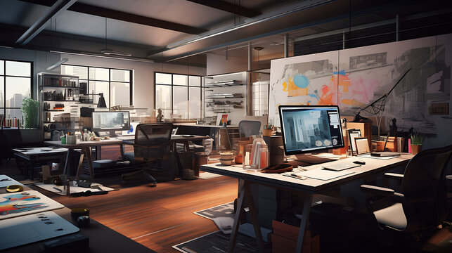 An image of a graphic Agency office with creative workstations, digital drawing tablets, and mood boards.