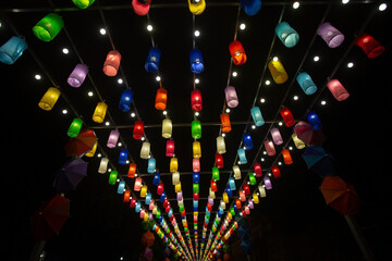 Many colorful lanterns at night