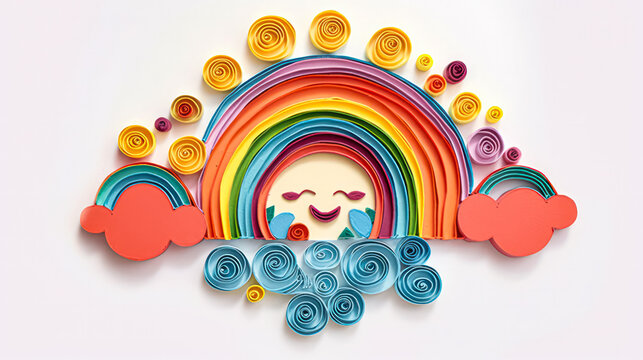 A stunning quilling style depiction of a cloud adorned with a vibrant rainbow