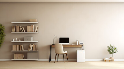 Fototapeta na wymiar An image of a minimalist office space with neutral colors, standing desks, and a printer tucked away in a corner.
