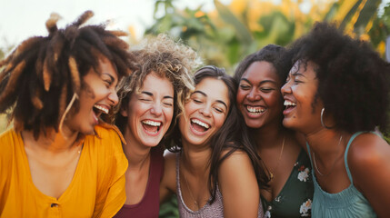 Grupo de mulheres rindo em um encontro de amigas - obrazy, fototapety, plakaty